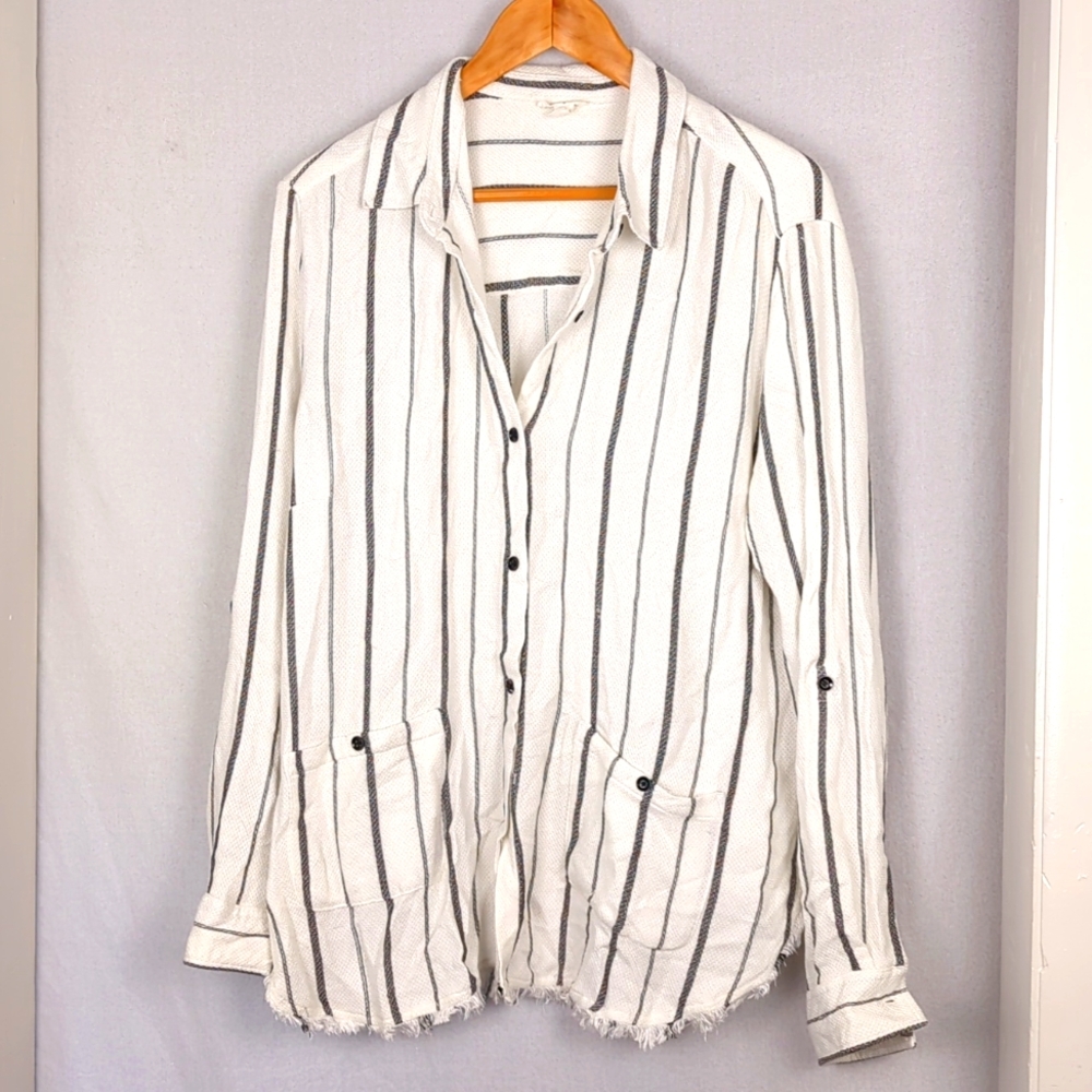 TRIBAL Women's Oversized Frayed Hem Button Down Rayon Utility Shirt - Picture 2 of 7